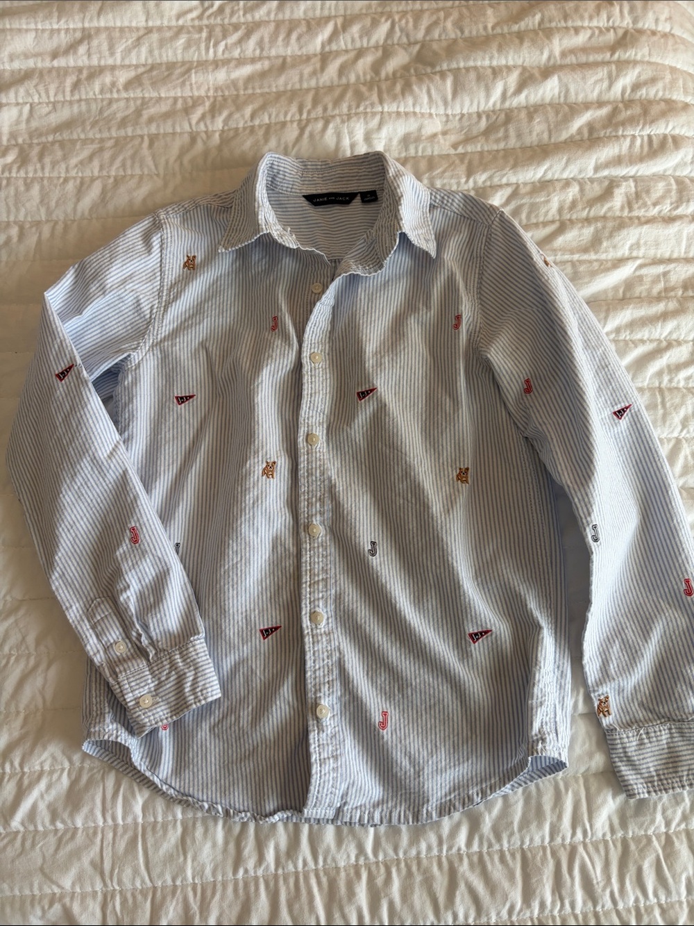 Janie and Jack Light Blue and White Striped Embroidered Button-Down Shirt 🇺🇸
